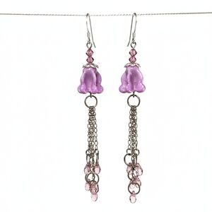 Crystal 3.5" Earrings Jellyfish 925 Sterling Silver Wire Handmade Purple Ceramic